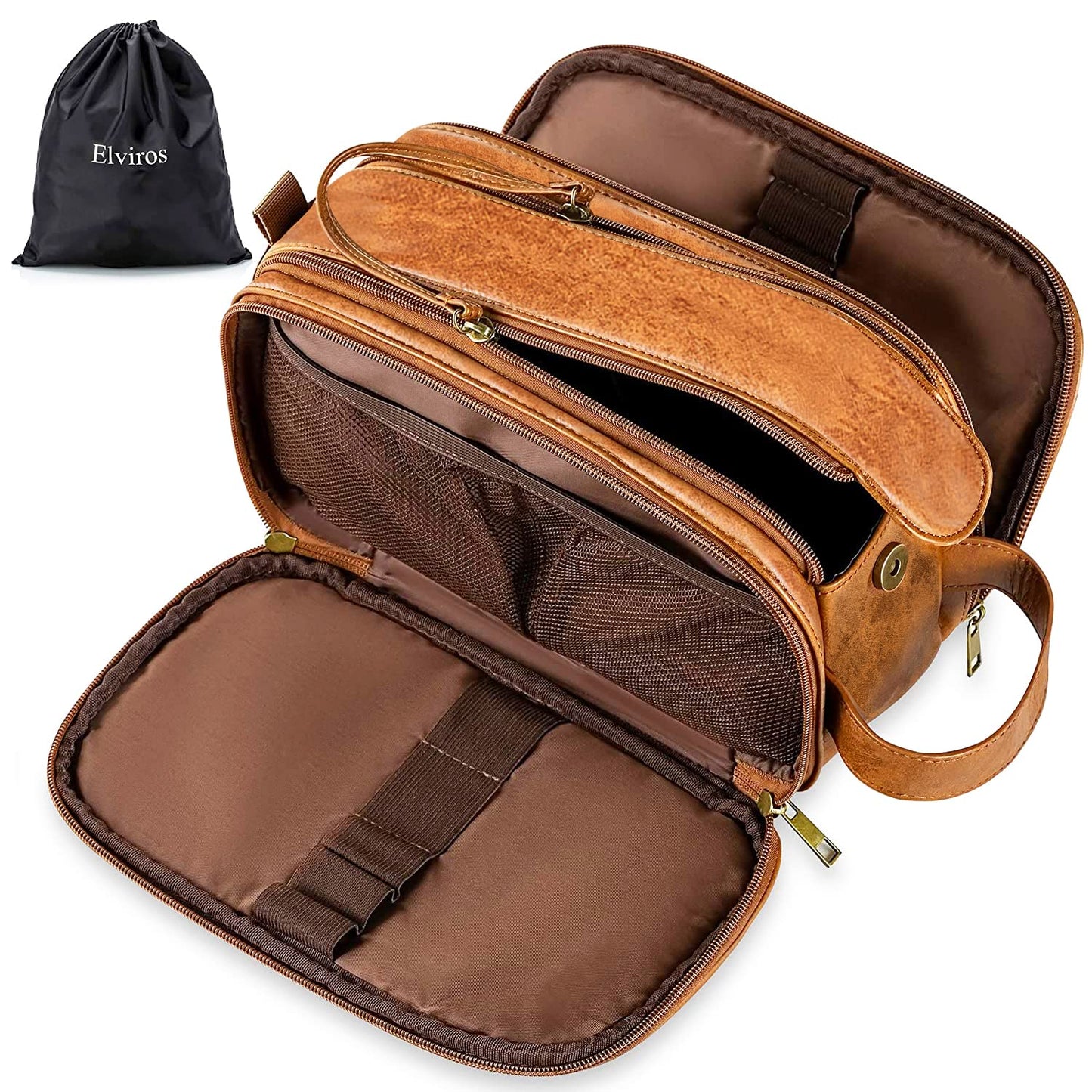 Elviros Travel Toiletry Bag for Men PU Leather Dopp Kit (Small, Brown) Beauty and Personal Care Elviros Default Title