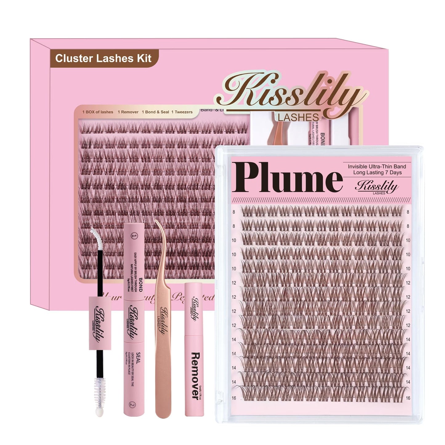 Plume Brown Lashes Natural Lash ClustersWith Invisible Band DlY Lash Extension Kit Eyelash Kit with Bond and Seal 8-16mm C Curl Beginner Individual Beauty and Personal Care Kisslily Default Title