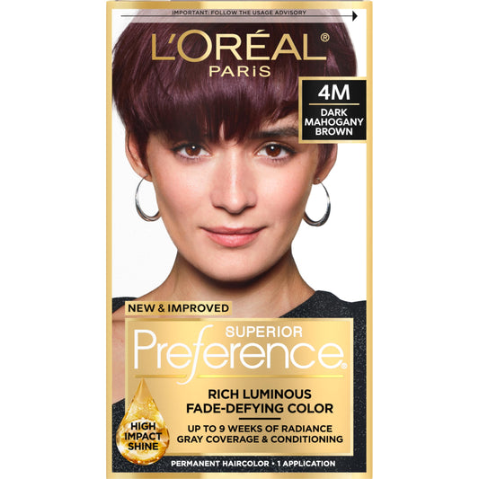 L'Oreal Paris Superior Preference Luminous Fade-Defying Permanent Hair Color, Hair Dye For Up to 9 Weeks of Radiance, Dark Mahogany Brown 4M, 1 Hair