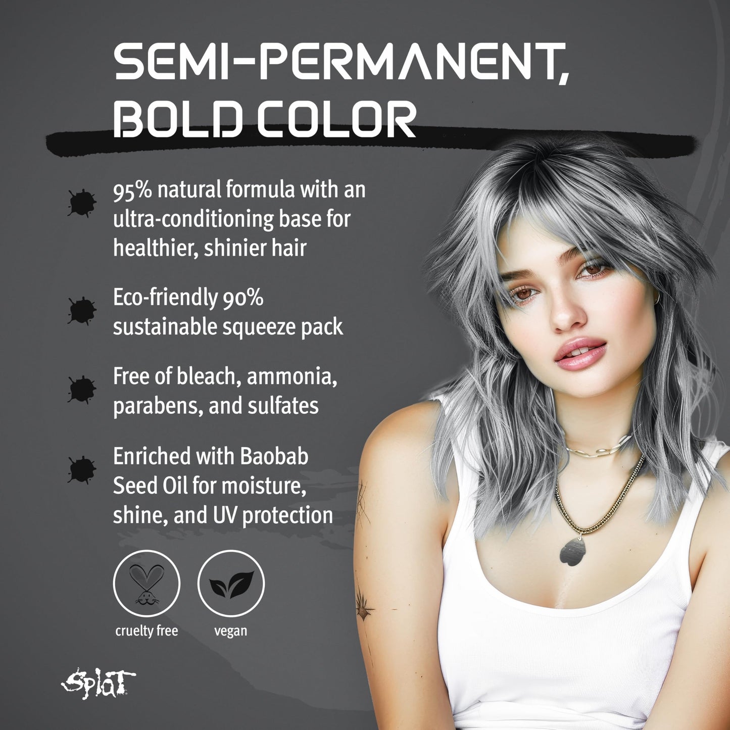 Splat Naturals Semi-Permanent Hair Color, Dark Silver, 6 fl. oz., 95% Natural Hair Dye Formula Lasts Up to 30 Washes, Vegan & Cruelty-Free