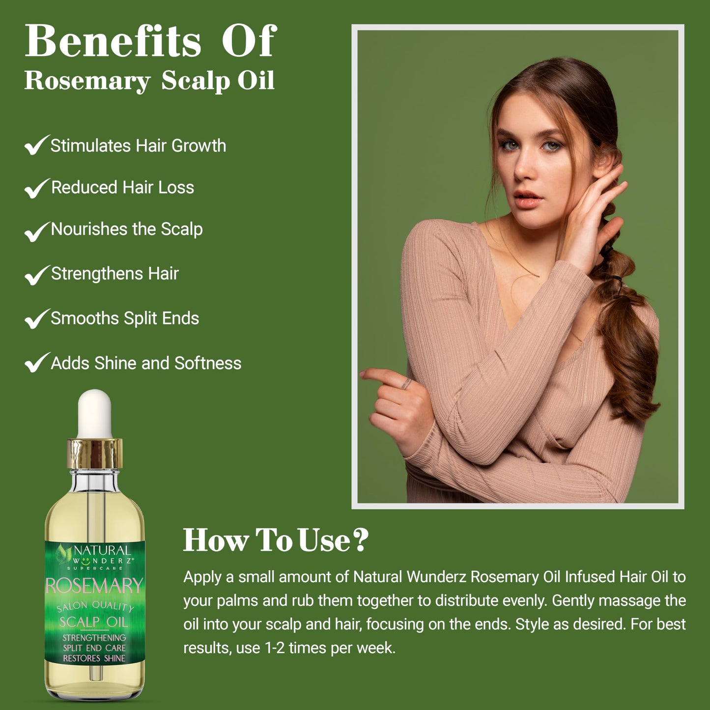 Natural Wunderz Rosemary Hair Oil, Supports Hair Growth, Thickening Serum and Strengthening Split End Case for Dry and Damaged Hair, Sulfate Free