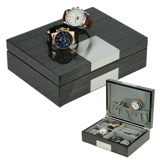 Grey Ginko Lacquered Wood Watch Cufflink Case & Ring Storage Organizer Men's Jewelry Box Father's Day