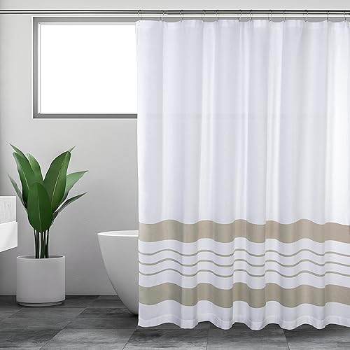 Sticky Toffee White and Tan Striped Shower Curtain 72x72 in - Woven Cotton Fabric for Bathroom, Farmhouse Boho Style, Oeko-Tex Cotton