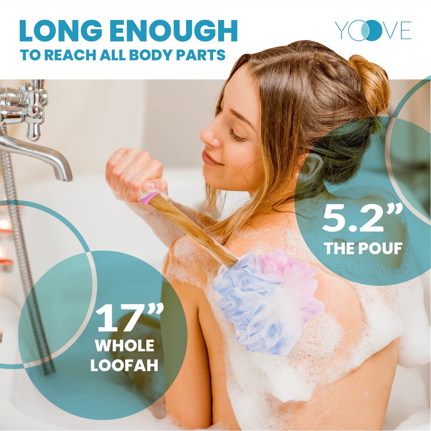 Yoove Loofah Back Scrubber w/Bamboo Charcoal Fiber Infused Bath Sponge, Wooden Handle, Luffa Pouf, Sponge Stick & Hanging Hook for Men & Women, Pink