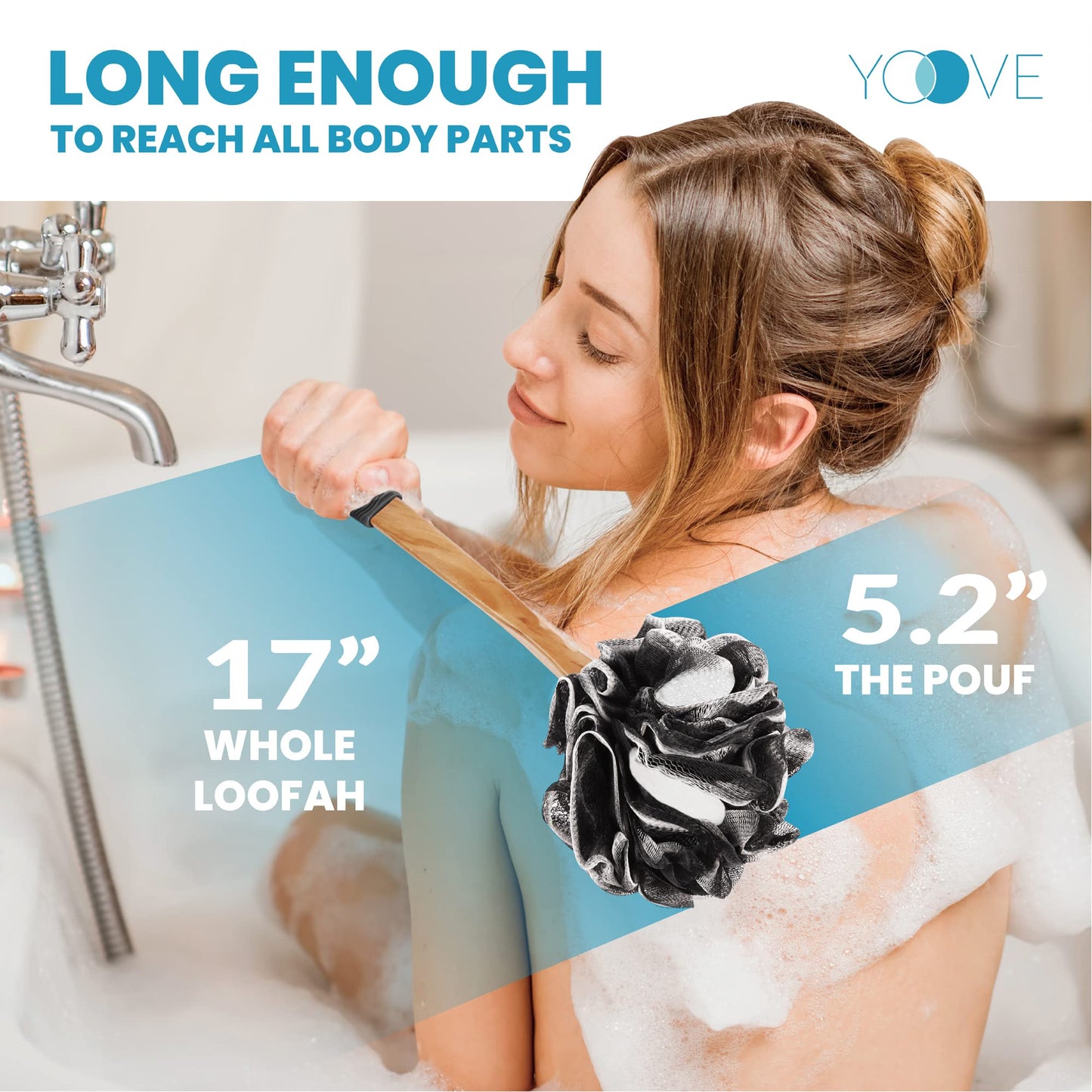 Bamboo Charcoal Infused Back Scrubber - Loofah with Handle | Exfoliating Shower Loofah for Men & Women - Features 1 Loofah on a Stick, 1 Loofa Pouf