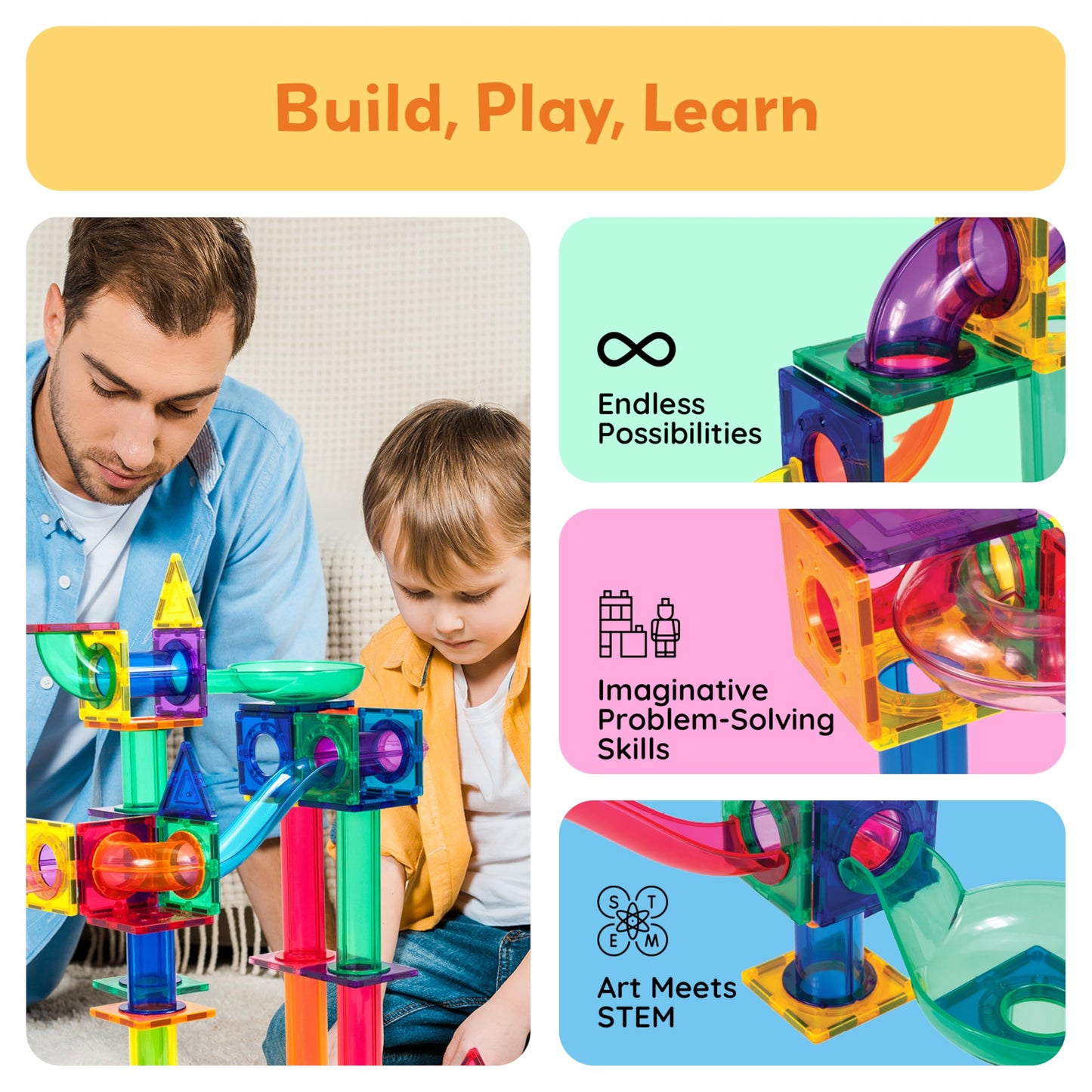 PicassoTiles 100pcs Magnetic Marble Run – STEM Construction Set with Tracks, Funnels, Curved Slopes & Steel Balls for Kids PTG100