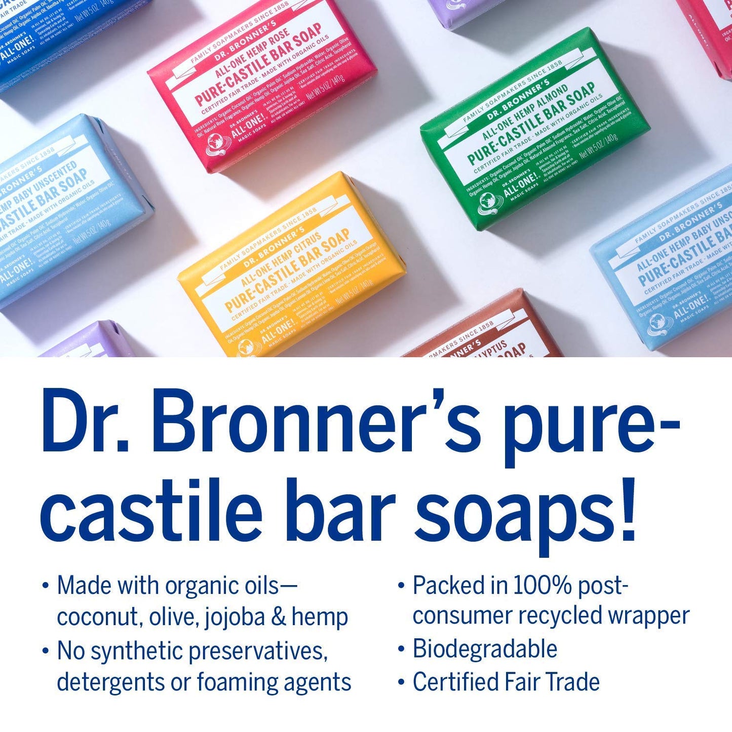 Dr. Bronner's Pure-Castile Magic Bar Soap (5 oz Variety Pack) Almond, Unscented, Lavender, Peppermint, Citrus, Rose, Tea Tree, & Eucalyptus - Made
