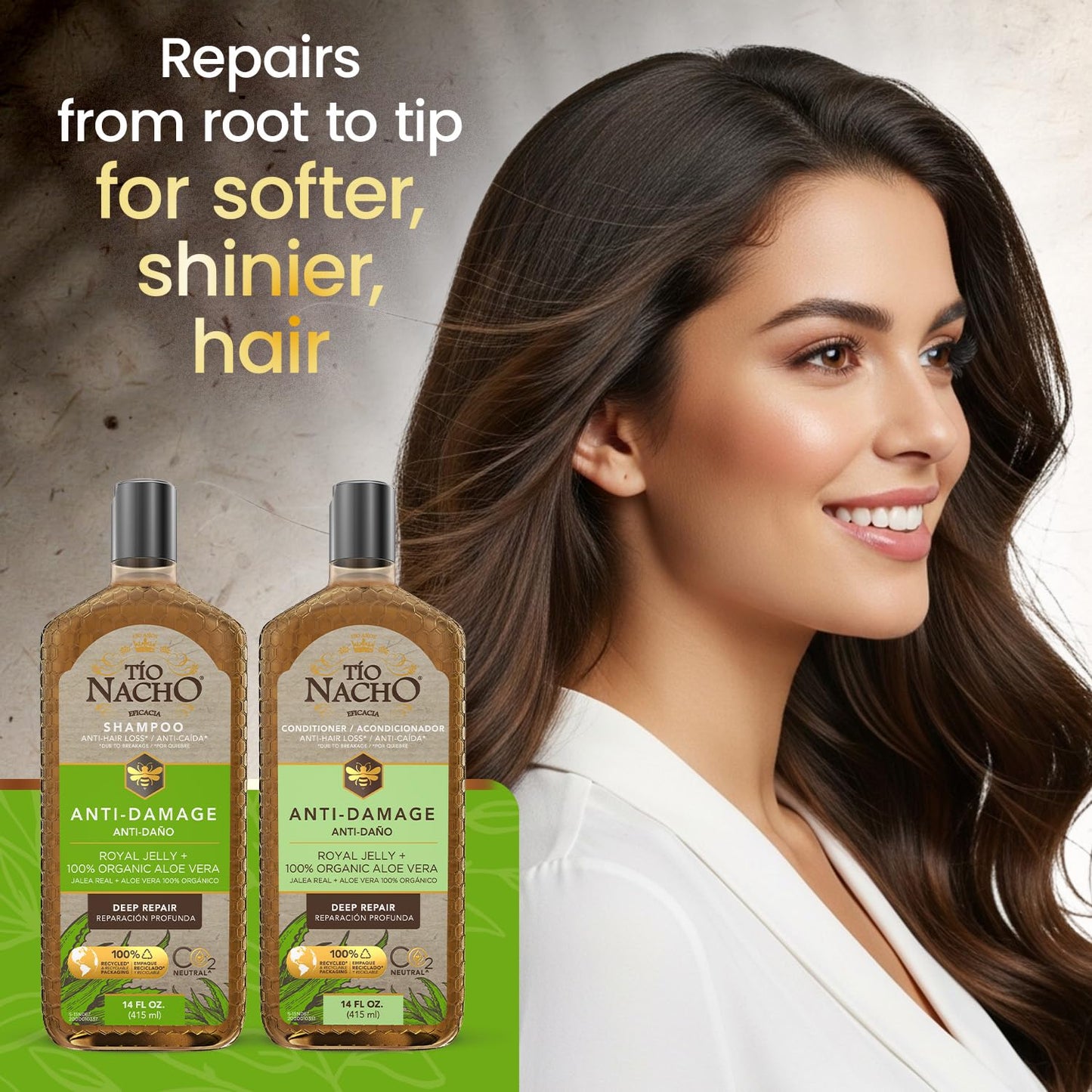 Tio Nacho Anti-Damage Shampoo & Conditioner Set with Aloe Vera & Royal Jelly, Deep Repair for Dry, Damaged Hair, Split Ends & Breakage