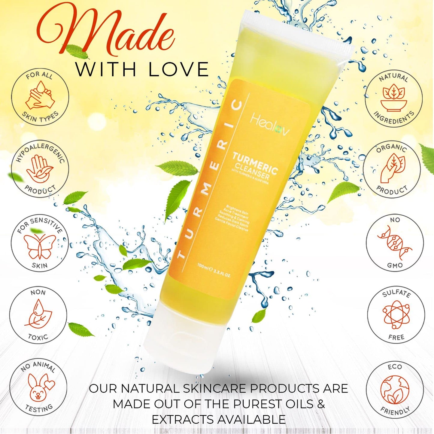 Healov Turmeric Face Wash, Turmeric Clear Skin Liquid Soap - 100% Natural Anti Aging Exfoliating Facial Cleanser for Spots, Clearing Acne Scars, Age