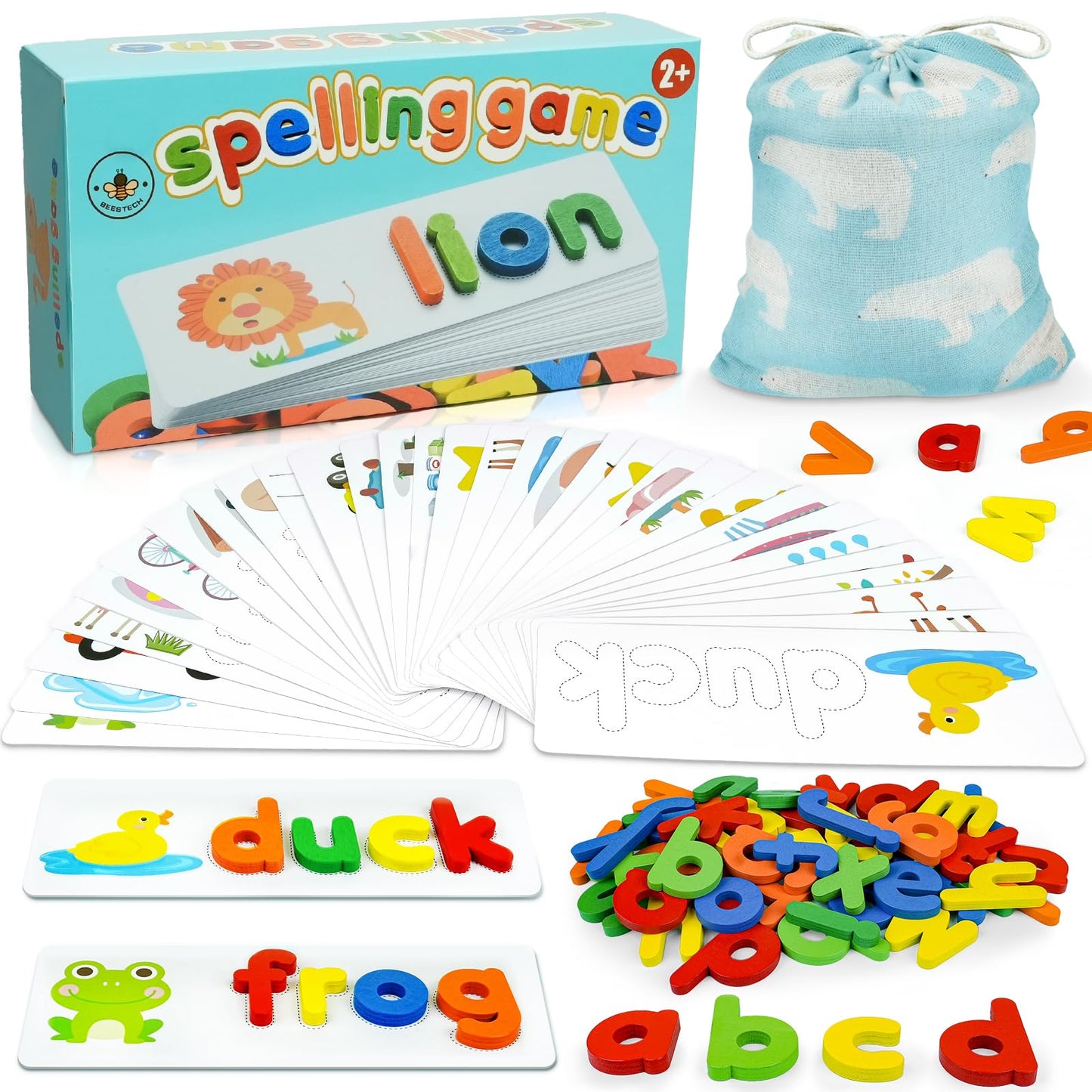 BEESTECH Alphabet Learning Toys – Wooden Puzzle Flash Cards & Letter Matching Games, Fun Educational Activity for Toddlers & Preschool Kids Ages 2–5