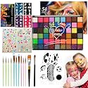 Ruihangda 54 Colors Face Painting Kit for Kids, Non Toxic Water Based Face Body Paint with Brushes, Stencils, Sponges, Gem Stickers, Washable Makeup