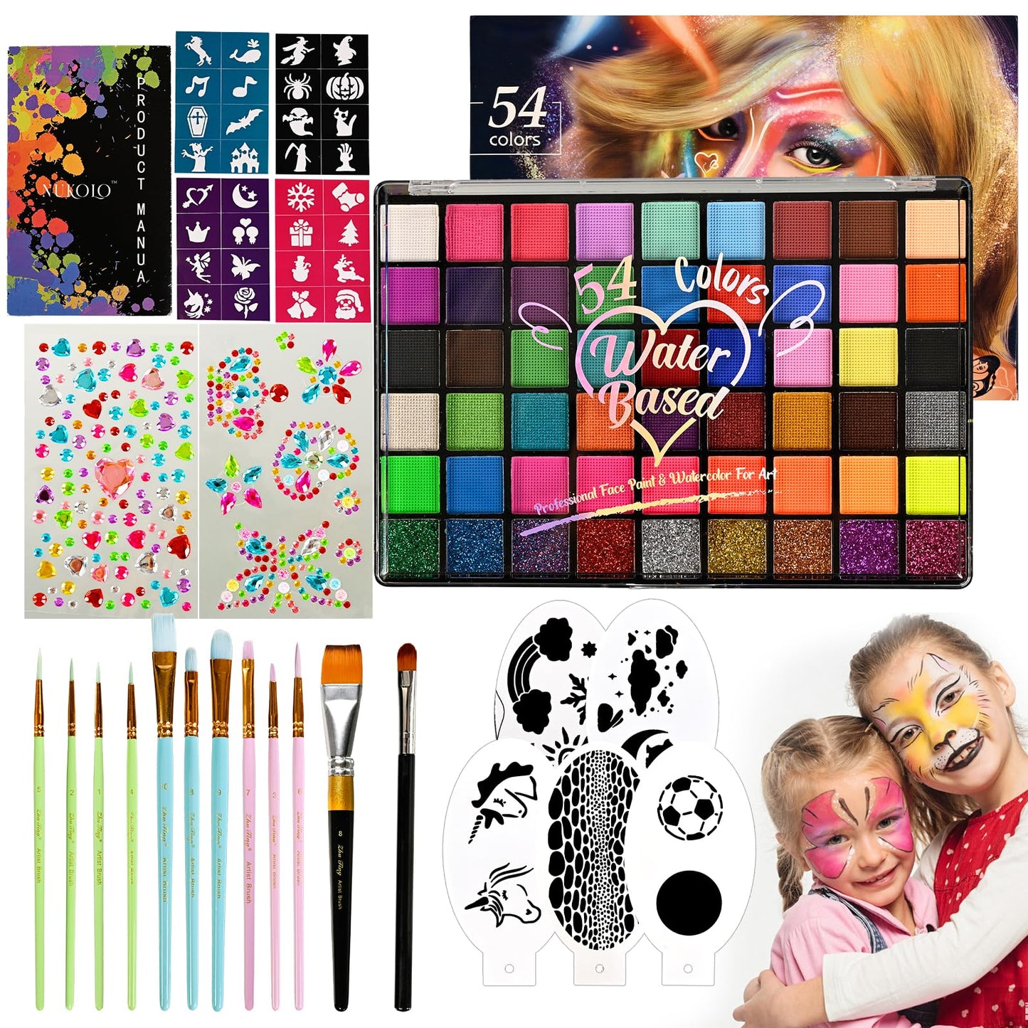 Ruihangda 54 Colors Face Painting Kit for Kids, Non Toxic Water Based Face Body Paint with Brushes, Stencils, Sponges, Gem Stickers, Washable Makeup