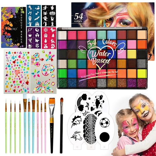 Ruihangda 54 Colors Face Painting Kit for Kids, Non Toxic Water Based Face Body Paint with Brushes, Stencils, Sponges, Gem Stickers, Washable Makeup Beauty & Personal Care Ruihangda