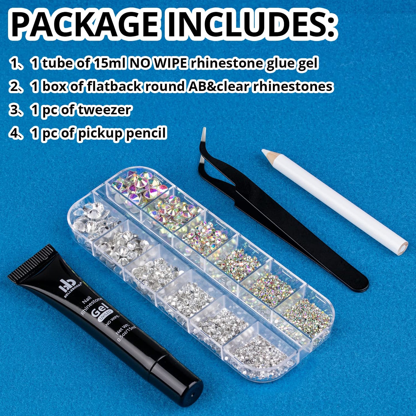 Nail Art Rhinestone Glue Gel&Flatback Gems Accessories Kit, 1 Tube of 15ml Rhinestone Gel Glue(UV/LED Needed)+1 Box of Flat-Back Round Glass Crystal