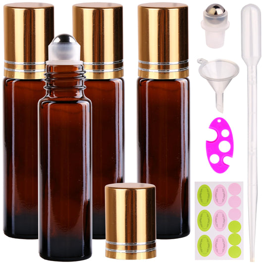 inice 4 Pack Essential Oil Roller Bottles 10ml Amber Glass RollerBall Bottle with Stainless Steel Roller Ball Alloy Cap for Daily Care Beauty and Personal Care inice Default Title