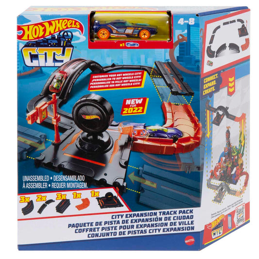 Hot Wheels Toy Car Track Set Pack, 10 Track-Building Parts with City Square, Bridge & 1:64 Scale Vehicle, Connects to Other Tracks