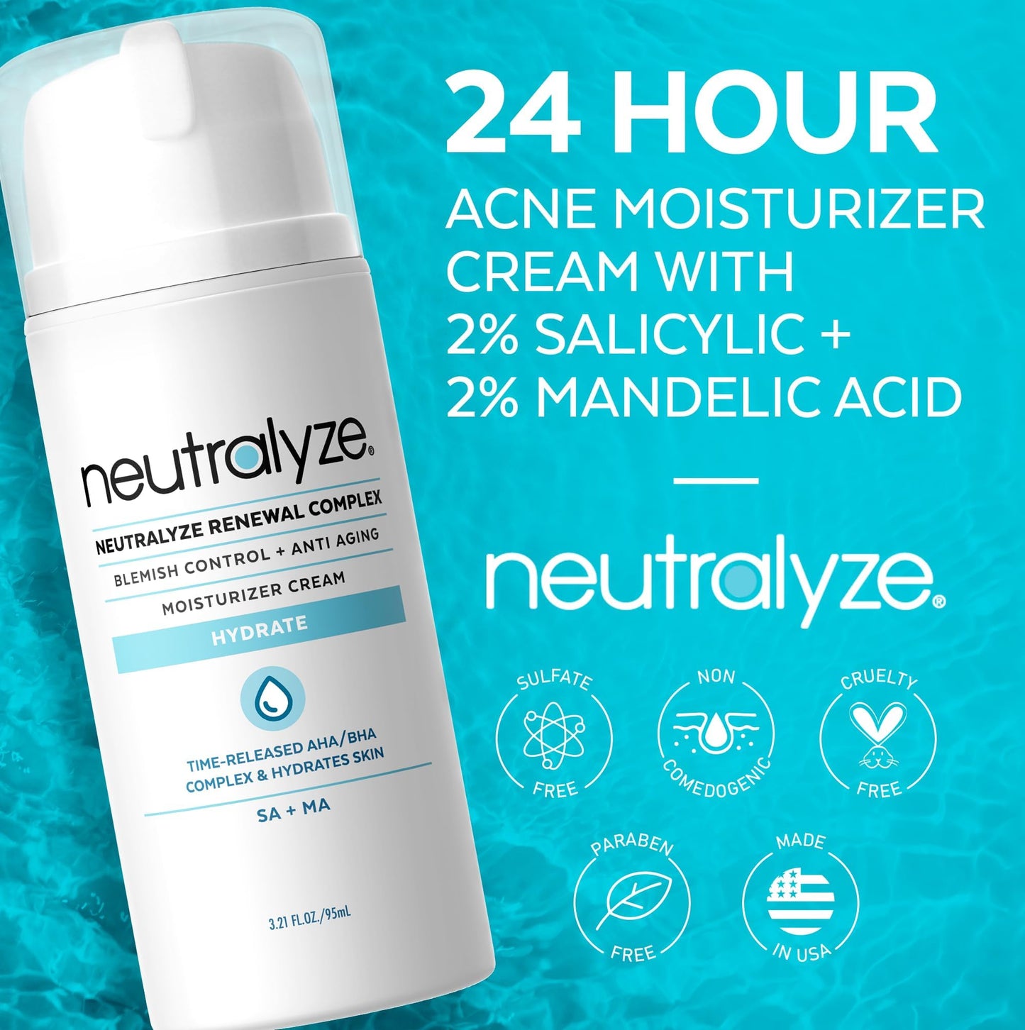 Neutralyze Acne Moisturizer for Face - Time-Release 2% Salicylic + 1% Mandelic Acid - Daily Lotion for Acne-Prone, Hormonal & Sensitive Skin