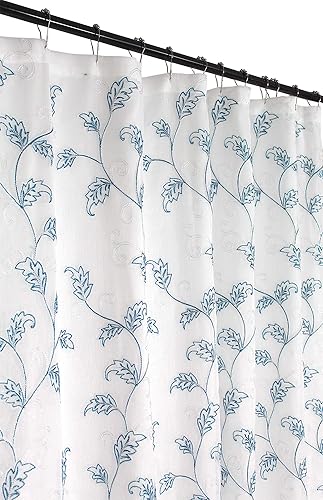 SERAFINA Decorative Sheer Fabric Shower Curtain: Two Toned Teal and White Embroidered Leaves with Metallic Threading (White/Teal) 70 x 72