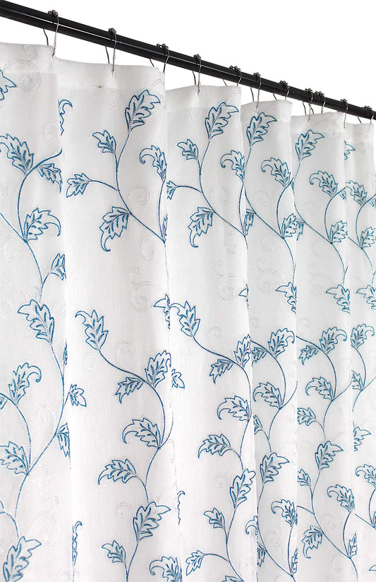 SERAFINA Decorative Sheer Fabric Shower Curtain: Two Toned Teal and White Embroidered Leaves with Metallic Threading (White/Teal) 70 x 72
