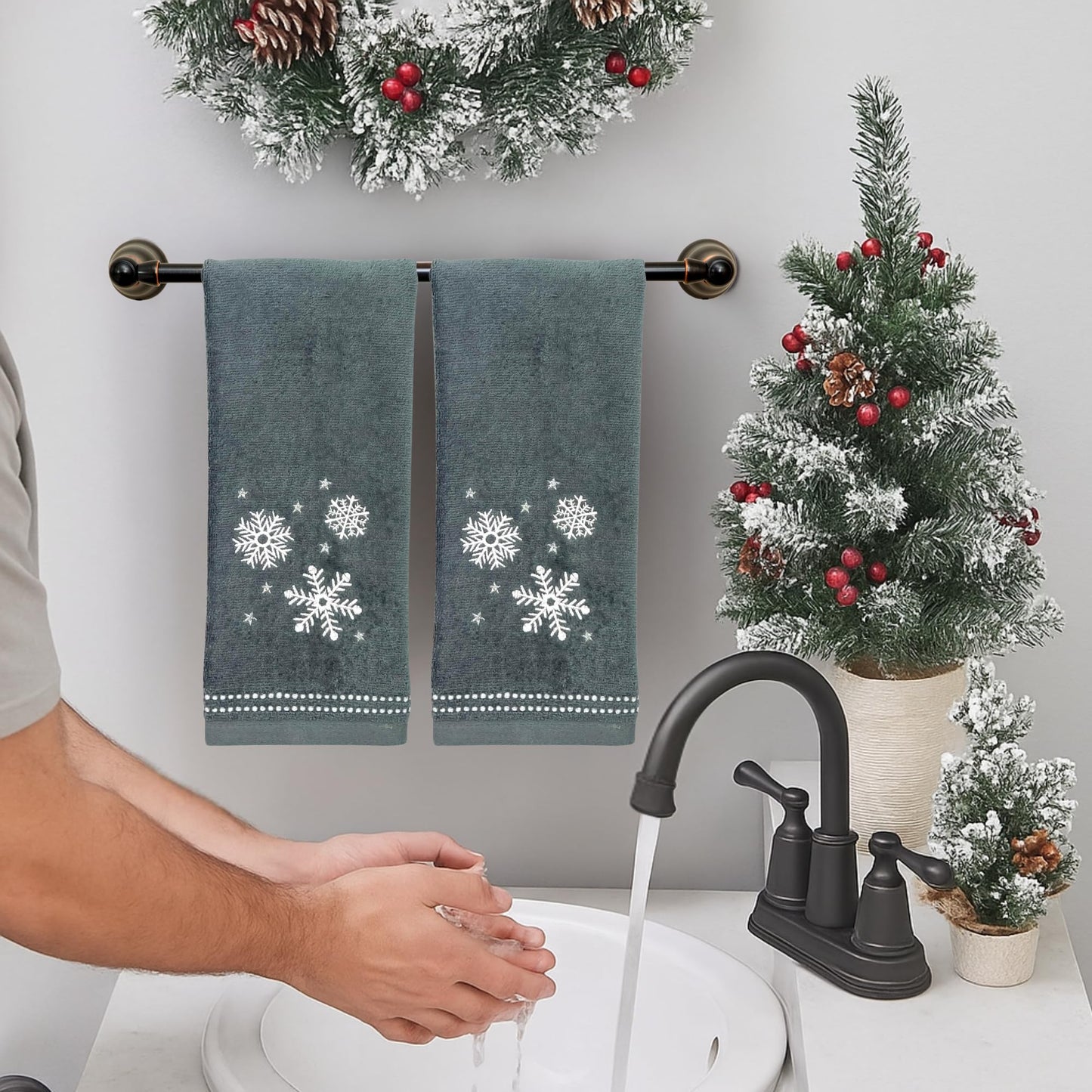 Serafina Home Christmas Hand Bathroom Towels, Set of 2, Embroidered Snowflakes and Stars, Dark Grey Velour Terry Cotton 16" x 25", Winter Holiday…