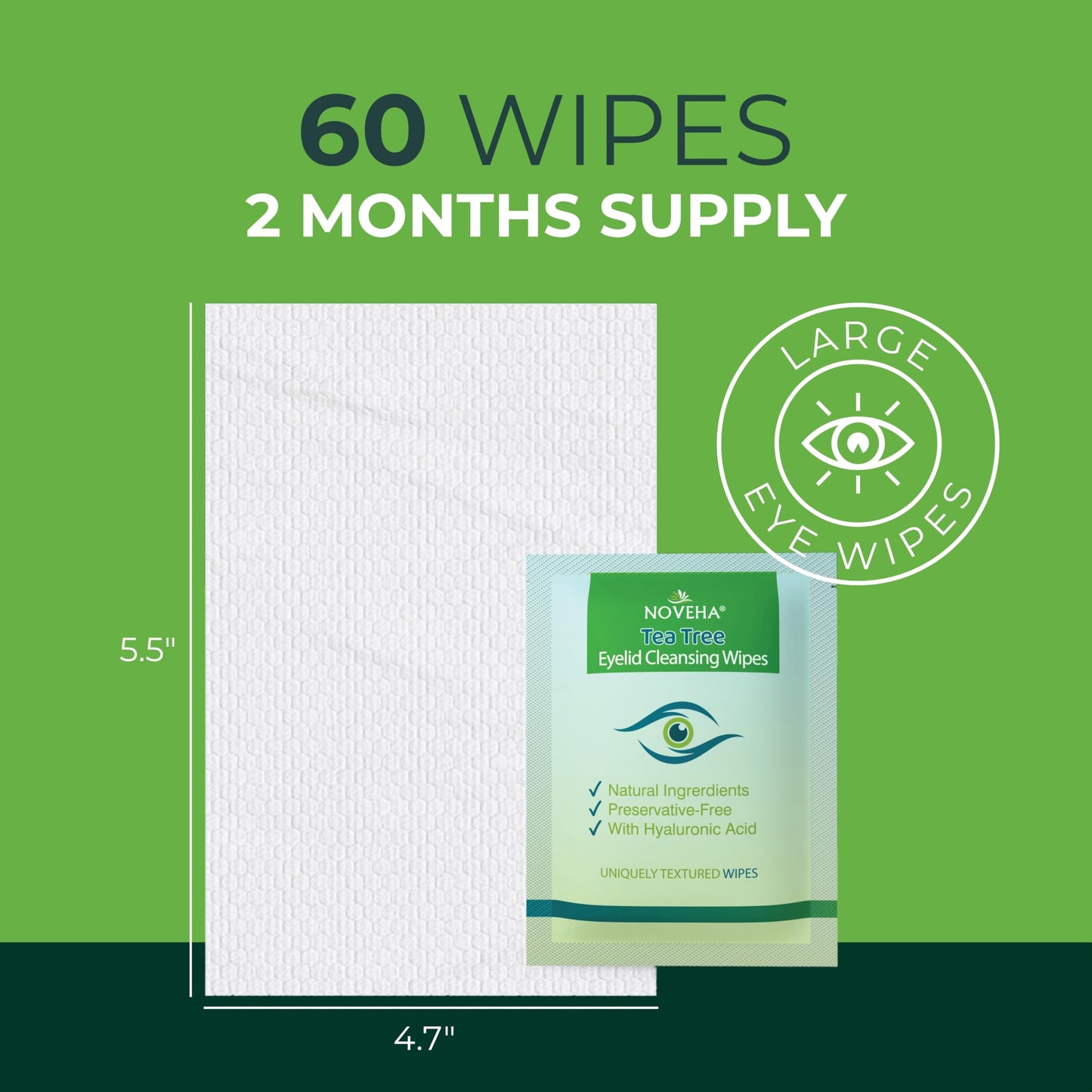 NOVEHA 180PCs Tea Tree Oil Eyelid & Lash Wipes With Hyaluronic Acid, Green Tea & Chamomile For Blepharitis & Itchy Eyes, Individually Wrapped Eyelash Beauty and Personal Care NOVEHA