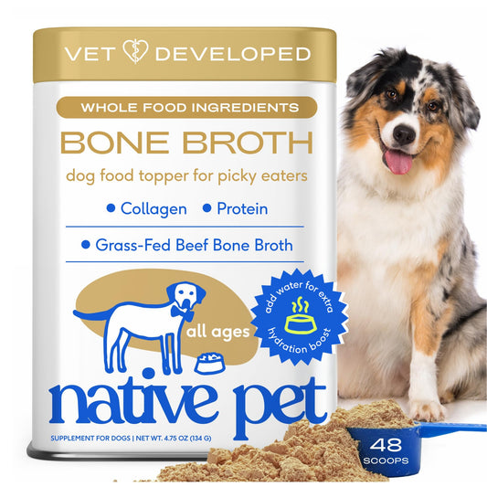 Native Pet Bone Broth for Dogs - Real Beef Broth Dog Food Toppers, Hydration & Nutrition for Joints, Immunity & Heart Health - 48 Scoops