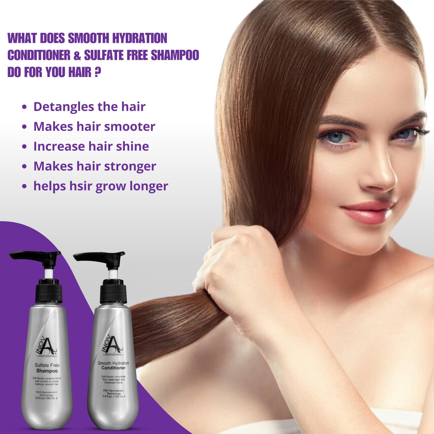Inova Professional Silk Keratin Shampoo & Conditioner Set - Smooth Protection Sulfate-Free Shampoo & Smooth Hydration Conditioner (3.4 Oz), gray