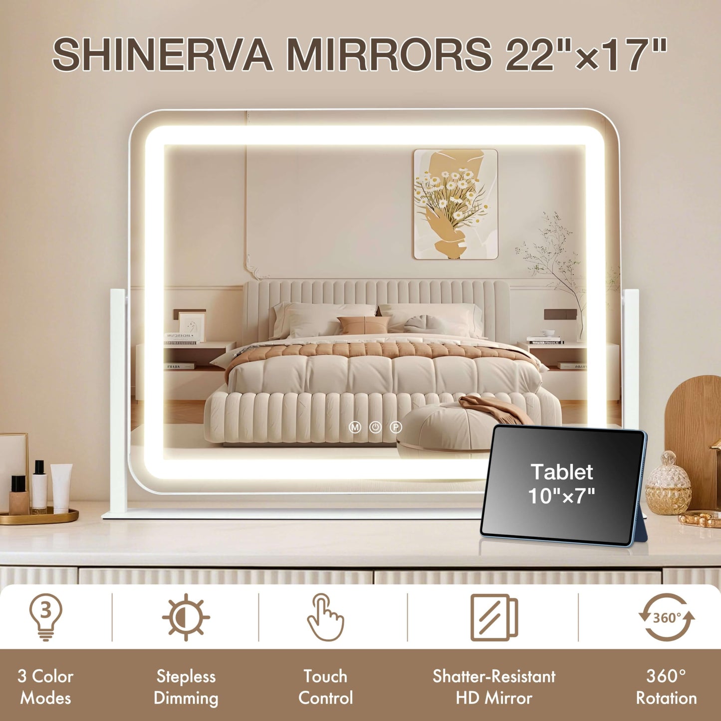 Shinerva Vanity Mirror with Lights, 22"×17" LED Makeup Mirror Beauty and Personal Care Shinerva
