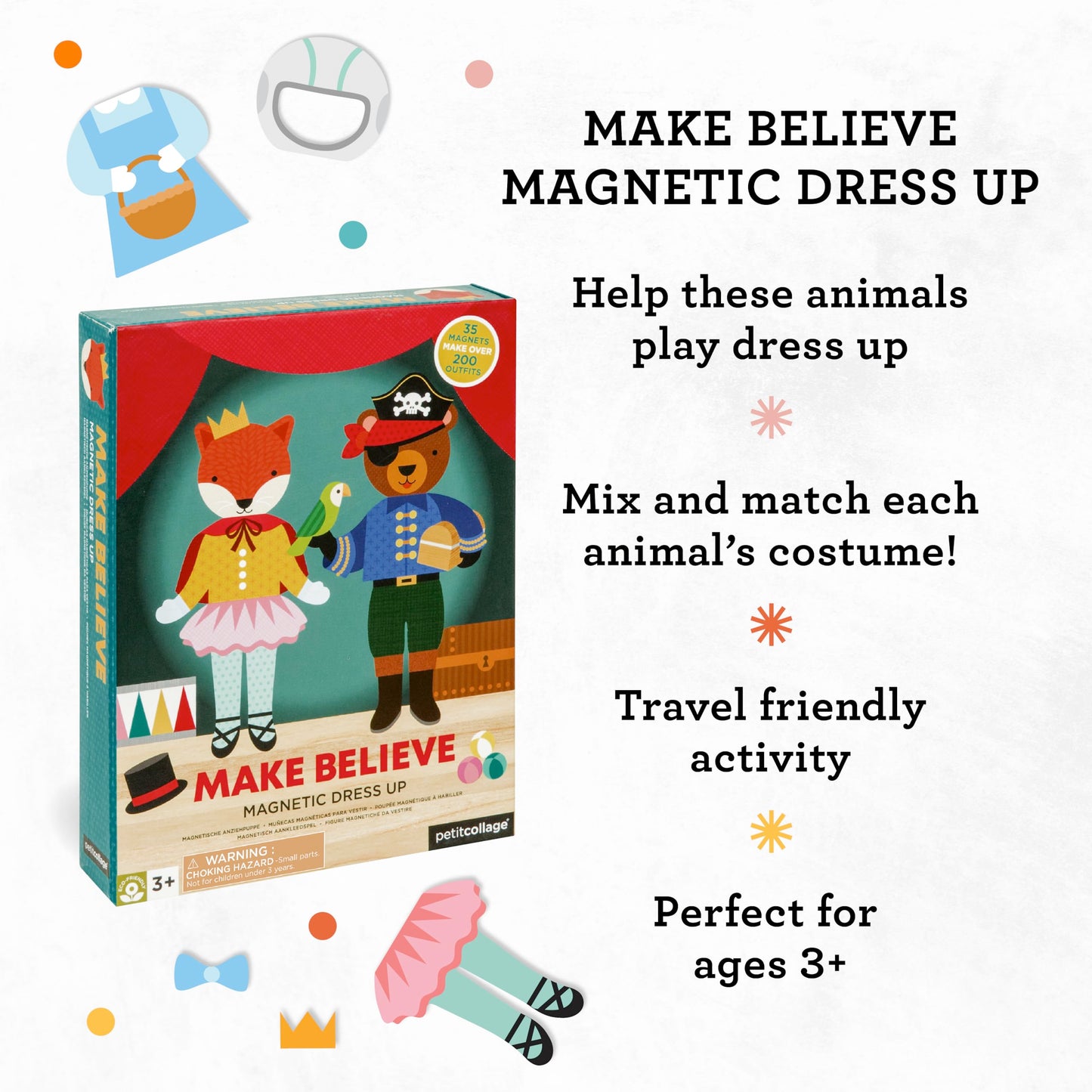 Petit Collage Magnetic Dress Up, Make-Believe Animal Costumes - Game Board with Mix and Match Pieces, Ideal for Ages 3+ - Includes 2 Dolls and 35…
