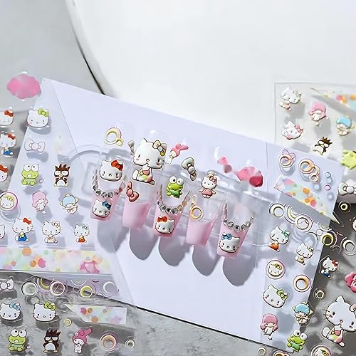 Dedyel Cute Nail Stickers 5D Embossed Cartoon Cat Nail Stickers Kawaii Animal Self-Adhesive Nail Decals for Women Girls Kids Nail Art Decoration