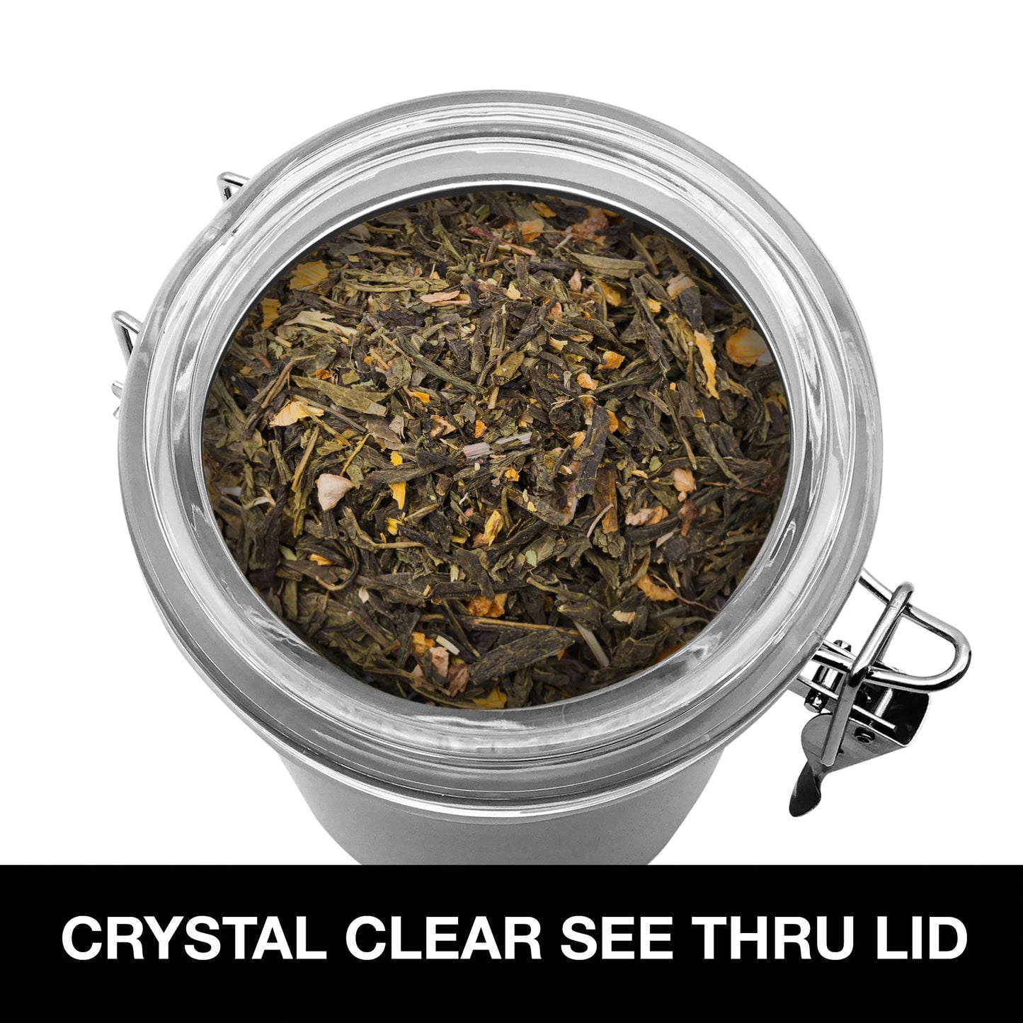 Oggi Stainless Steel Tea Canister 62 fl oz - Airtight Clamp Lid, Clear See-Thru Top - Ideal for Tea Bag, Loose Tea, Kitchen Storage, Pantry Storage.…