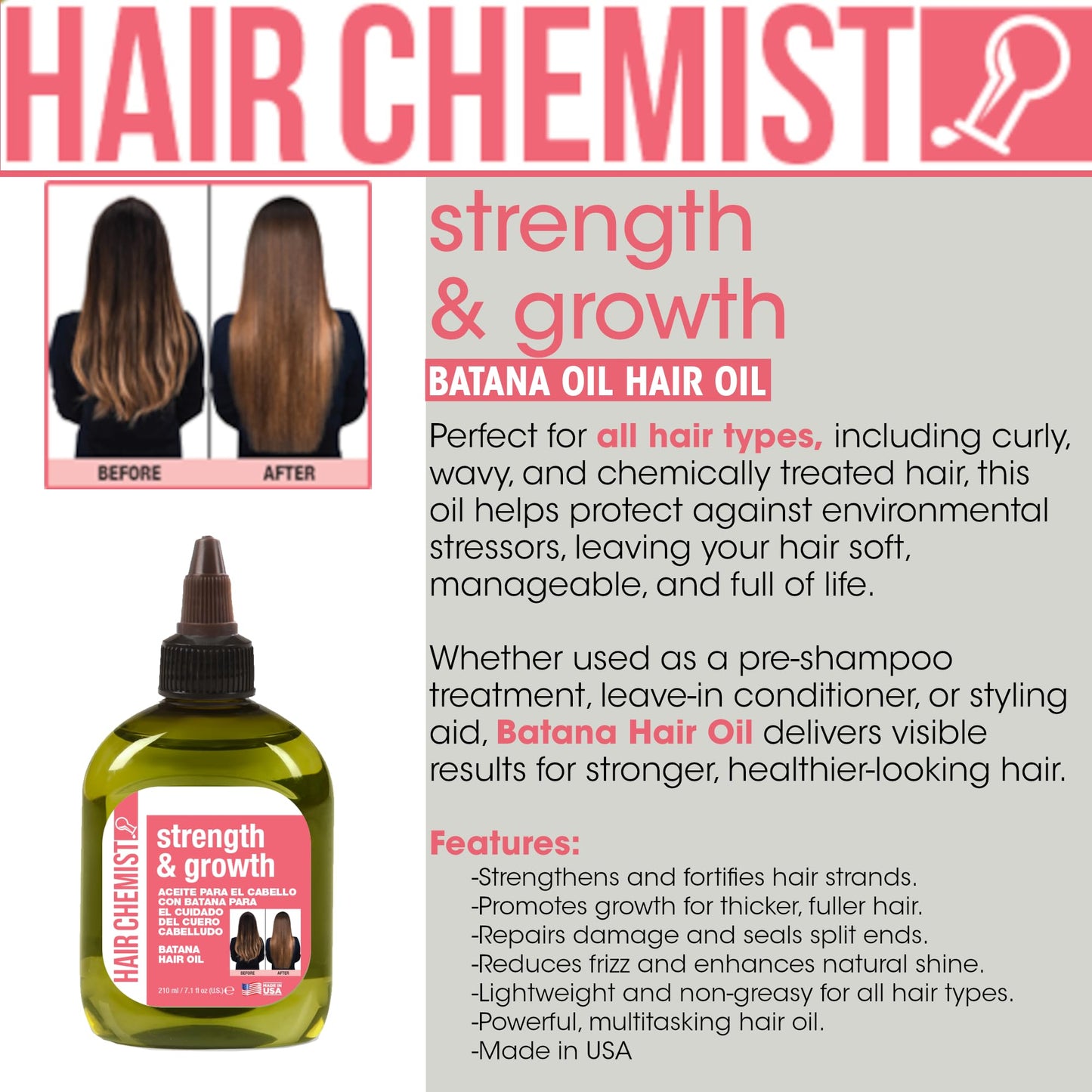 Hair Chemist Strength & Growth Batana Hair Oil 7.1 oz. - Nourishing Batana Hair Growth Oil