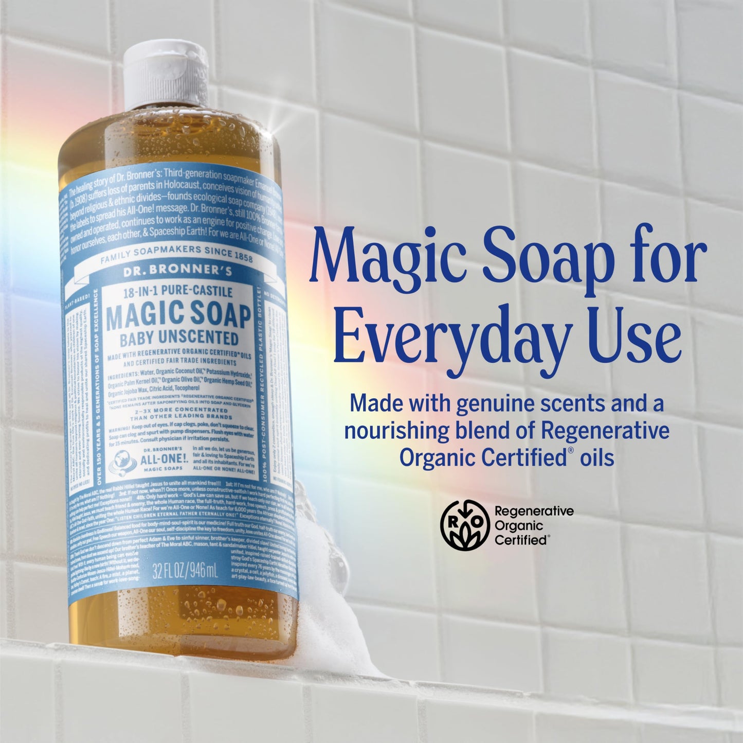 Dr. Bronner's Pure-Castile Magic Liquid Soap Made with Regenerative Organic Oils, Vegan, Concentrated, Body Wash- For Face, Hair, Laundry - 32oz