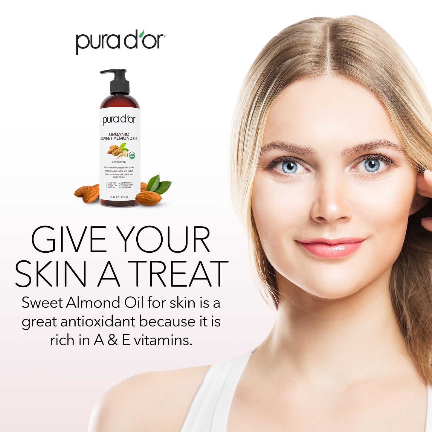 PURA D'OR ORGANIC Sweet Almond Oil, Pure Carrier Oil for Hair & Skin, 16 Oz
