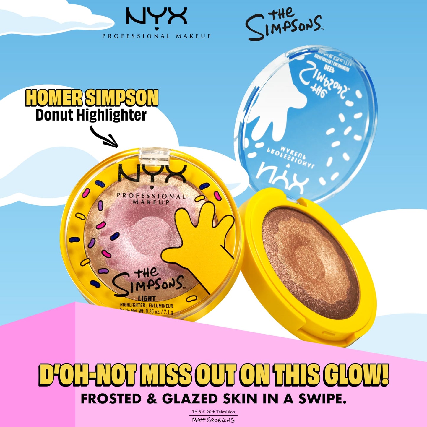 NYX PROFESSIONAL MAKEUP Homer Simpson Donut Highlighter Makeup, Frosted & Buttery Shimmer Powder Formula, The Simpsons Collaboration, Vegan