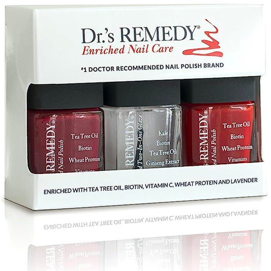 Dr’s Remedy 3 Pack Nail Polish Kit, TOTAL Two-in-One Glaze/BALANCE Brick Red/REMEDY Red - Non Toxic and Organic All Natural Enriched Nail Strengthener