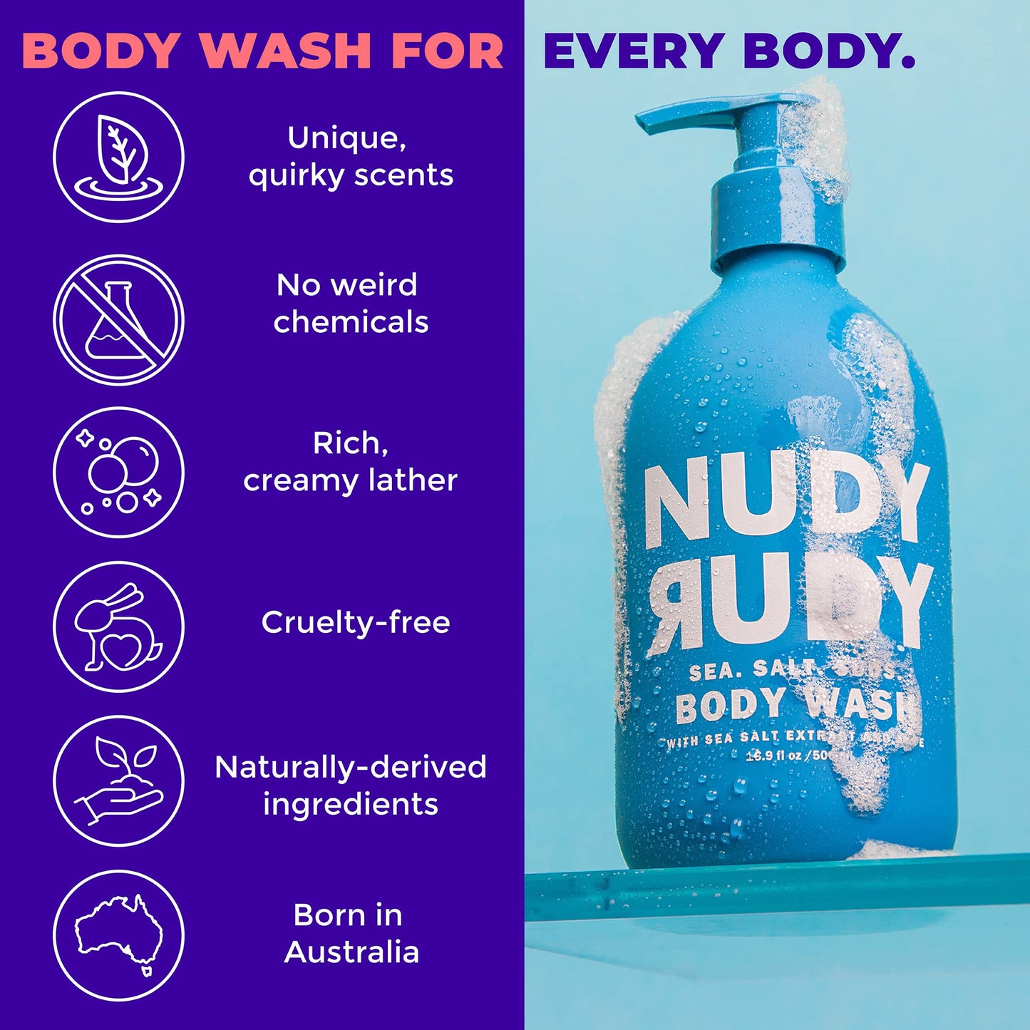 Nudy Rudy Sea Salt Suds 2 Pack, Liquid Body Wash Bundle, Aloe Vera and Vitamin E, Moisturizing Shower Gel for Men and Women 16.9 fl oz and 4.2 oz