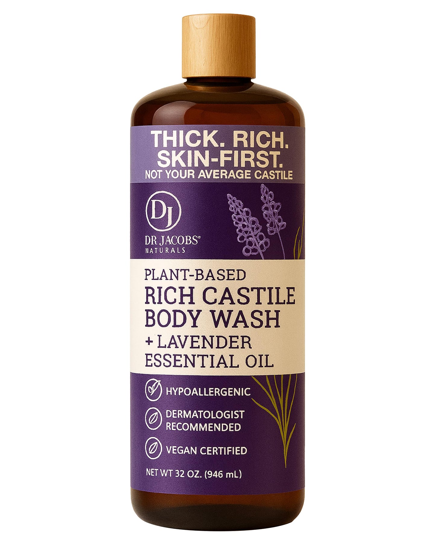 Dr. Jacobs Naturals Pure Castile Soap Liquid Body Wash, Lavender - Plant Based Soap Infused with Vitamin E and Aloe Vera to Moisturize Dry
