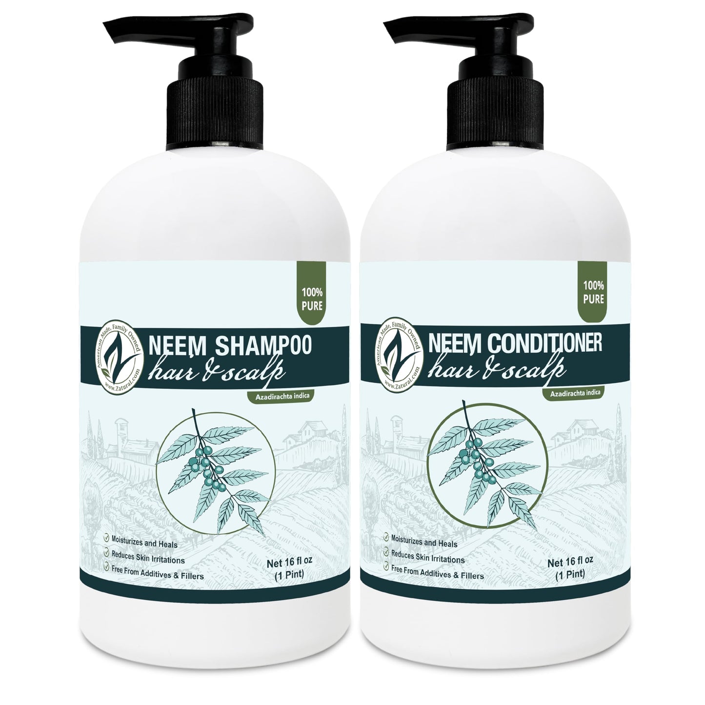 Zatural Natural Neem Shampoo & Conditioner Kit, Health Soothing & Healing For Sensative Scalp & Hair Nourish & Repair (16oz Shampoo & 16oz