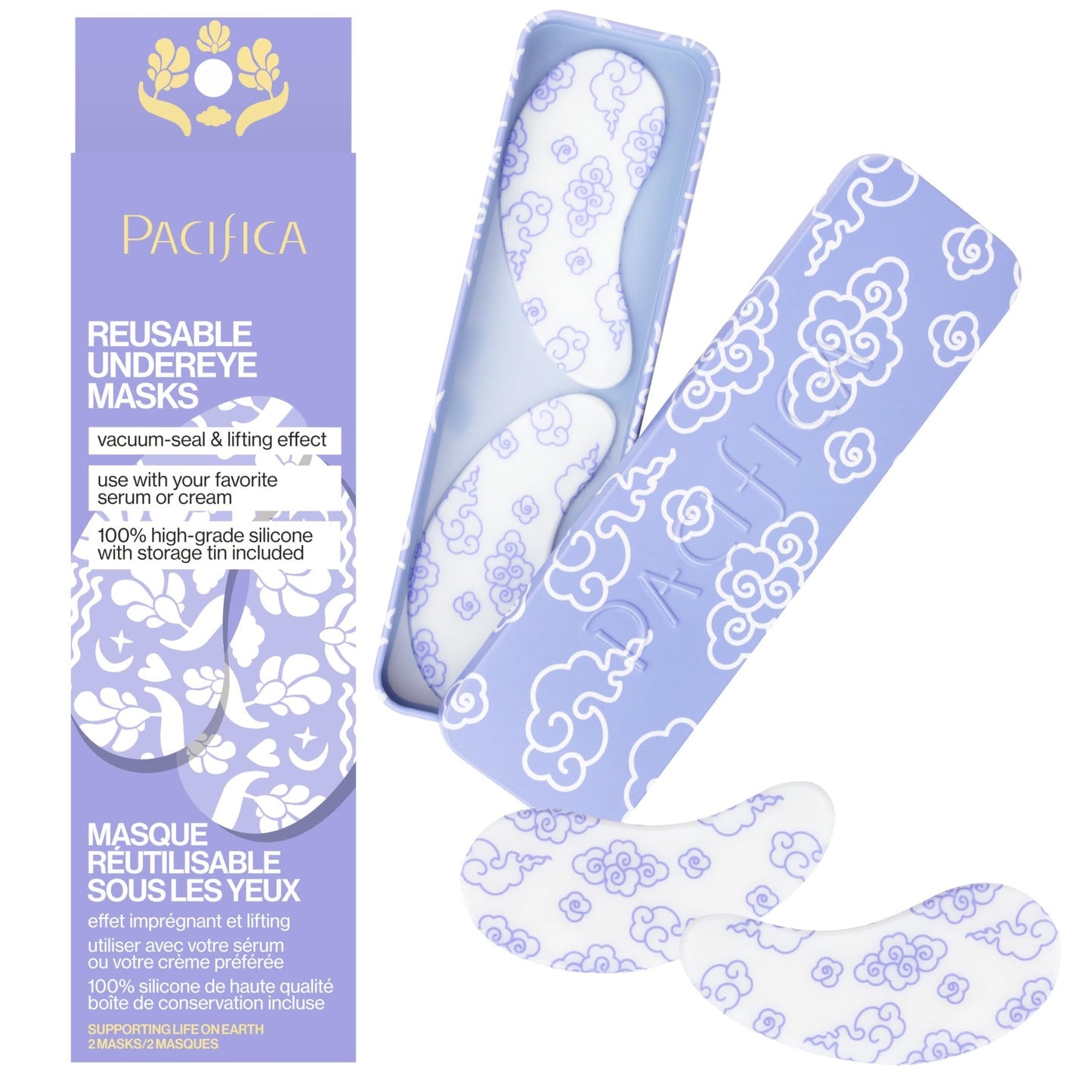 Pacifica Reusable Mask - Under Eye Mask Silicone Face Mask for Fine Lines & Dark Circles, Pair with Serum, Storage Tin Included, Vegan & Cruelty-Free