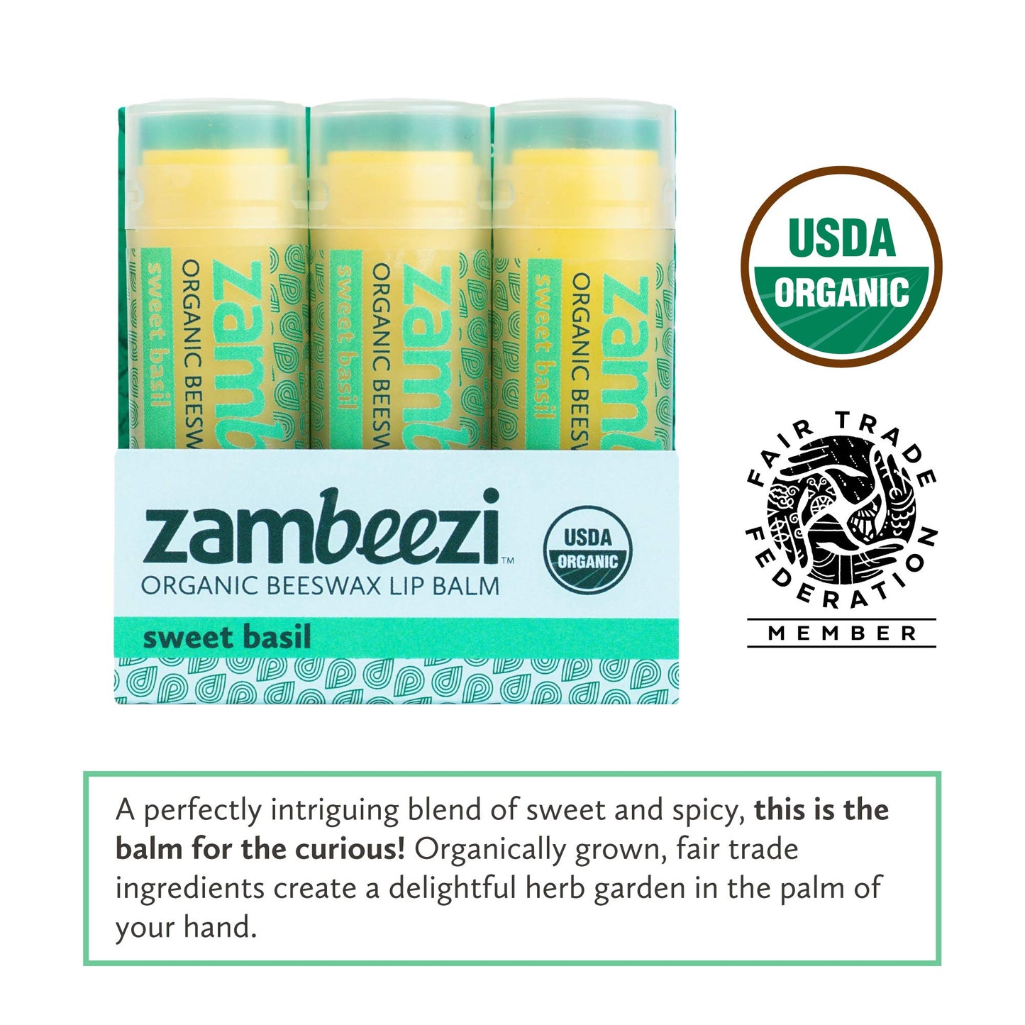 ZAMBEEZI Organic, Fair Trade Beeswax Lip Balm - Sweet Basil 3 Pack - Ethically Sourced Beauty and Personal Care Zambeezi