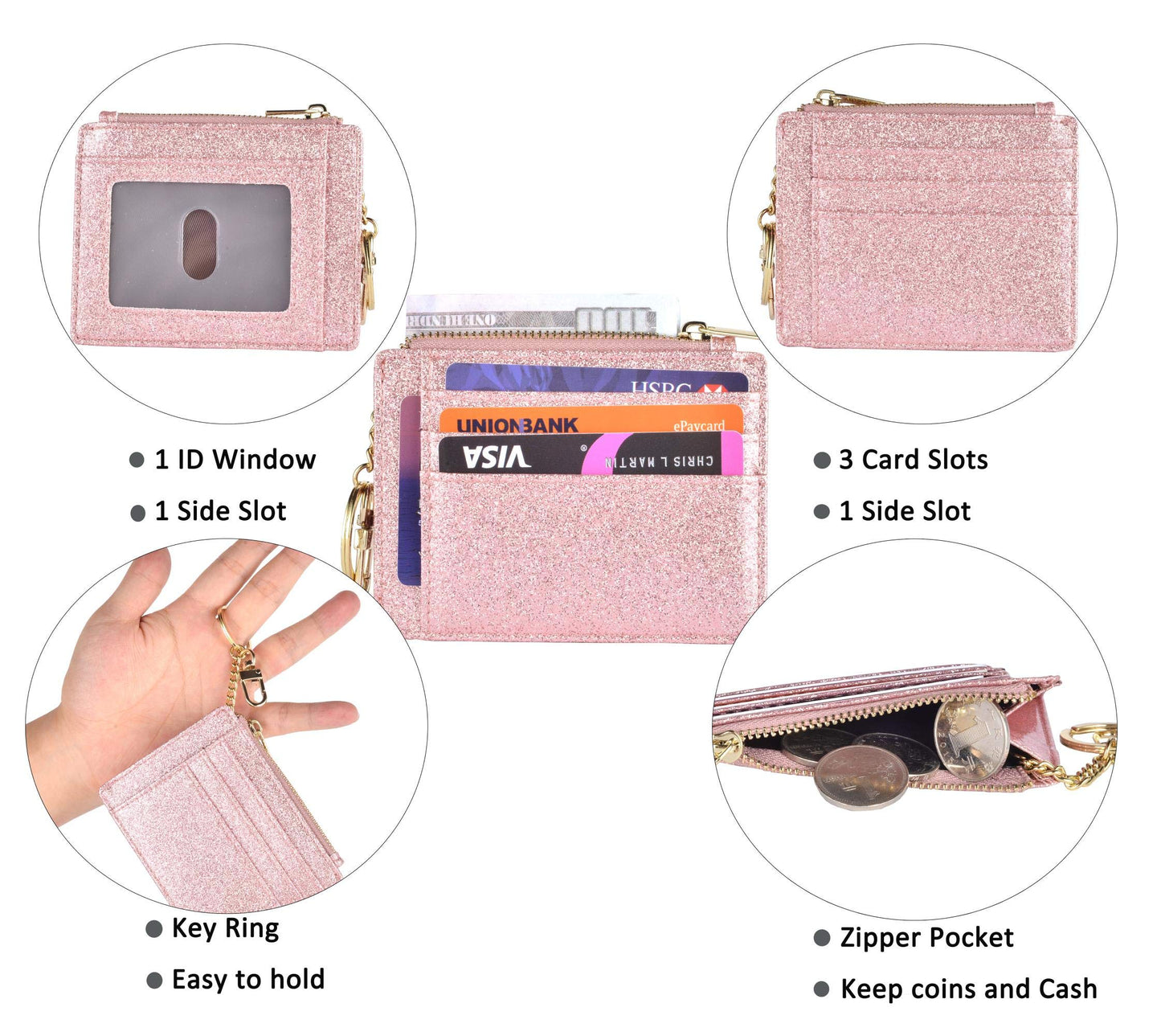 woogwin Slim RFID Credit Card Holder for Women Mini Front Pocket Wallet Purse With Keychain(starRosegold)