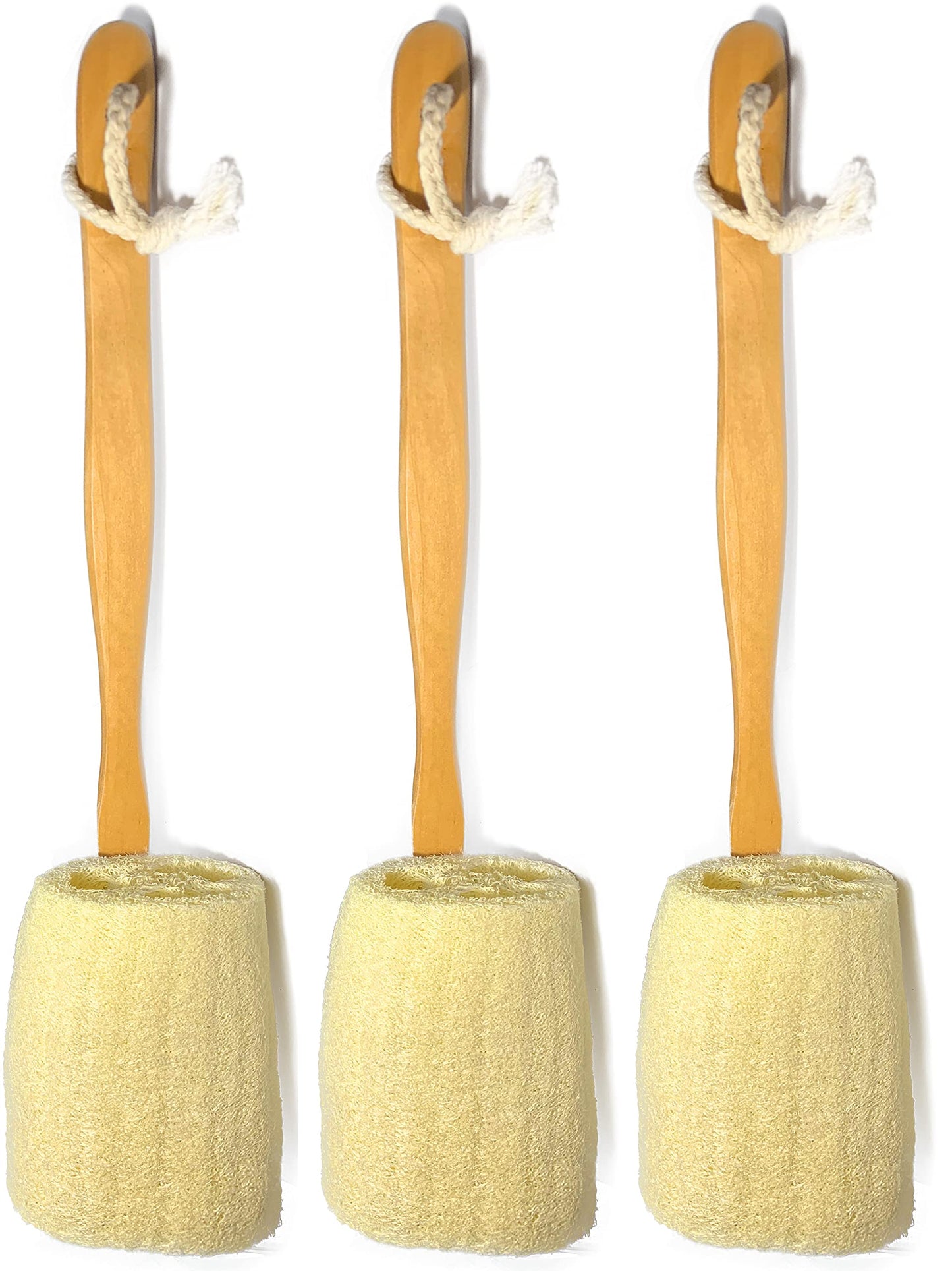 3 Pack Natural Exfoliating Loofah luffa loofa Bath Brush On a Stick - with Long Wooden Handle Back Brush for Men & Women - Shower Sponge Body Back