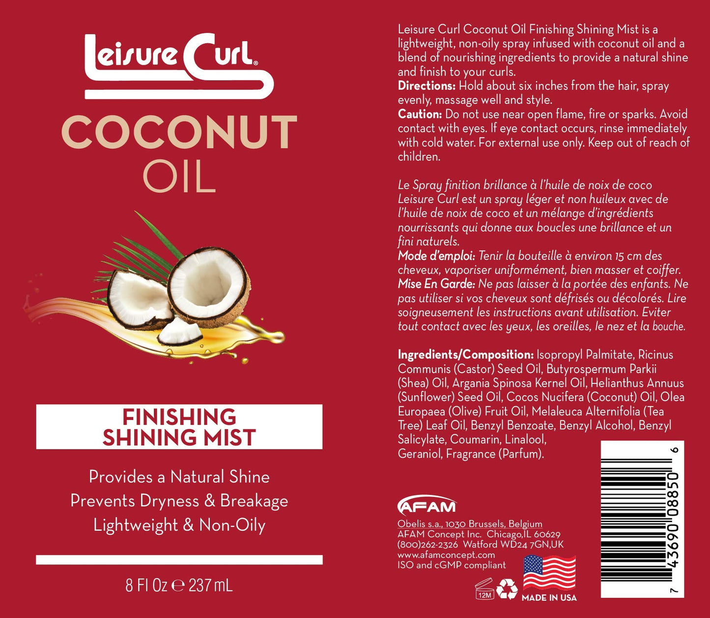Coconut Oil Finishing Shining Mist, 8 oz for Natural Shine | Prevents Dryness & Breakage, Lightweight & Non-Oily Styling