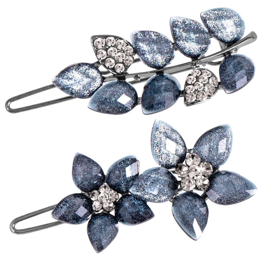 HINZIC 2Pcs 2inch Vintage Rhinestone Hair Clips Ink-Blue Sparkly Crystal Clips Flower Small Hair Barrettes Decorative Wedding Engagement Prom