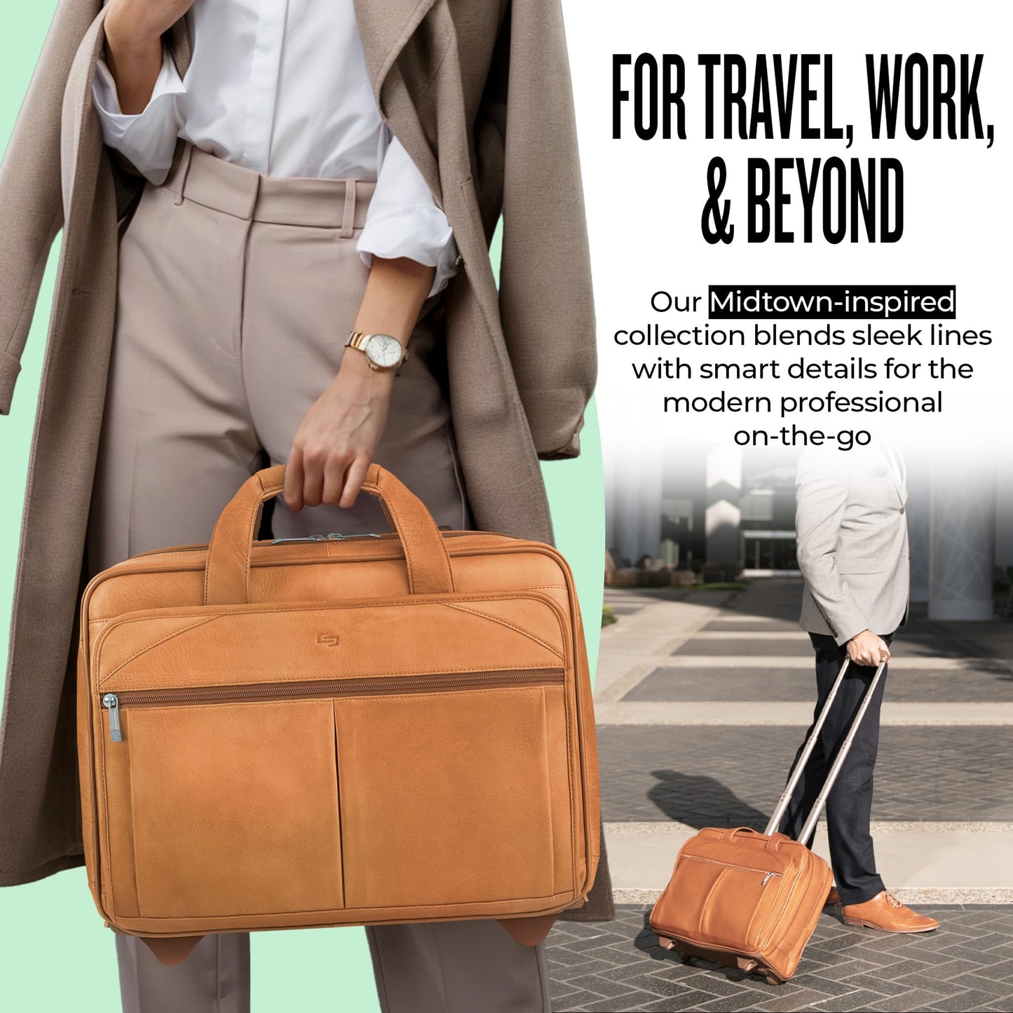 Solo New York Leather Rolling Case with Wheels - Roller Laptop Bag, Wheeled Briefcase for Women & Men, Carry On Size for Travel, Fits 15.6" Computer