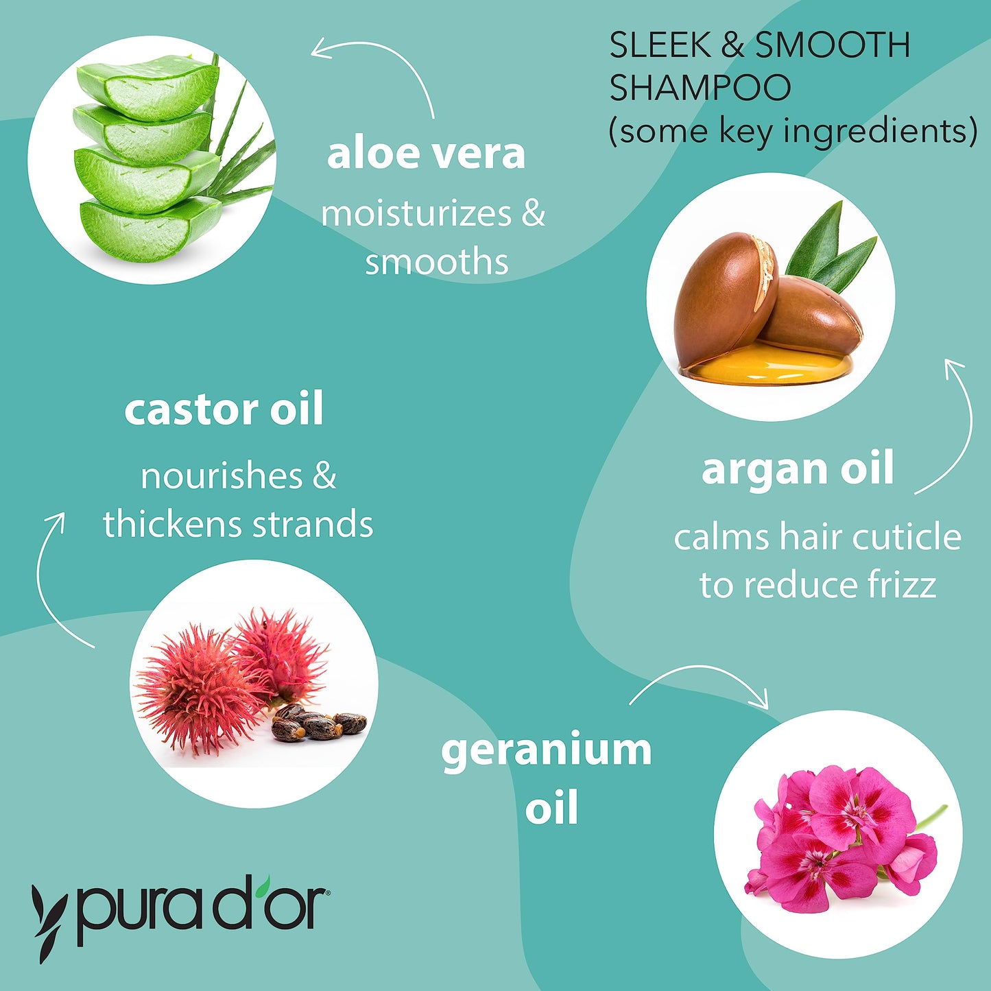 PURA D'OR Sleek & Smooth Shampoo and Conditioner Set For Frizz-Free & Silky Smooth Hair, Infused with Organic Aloe Vera, Argan Oil, Castor Oil