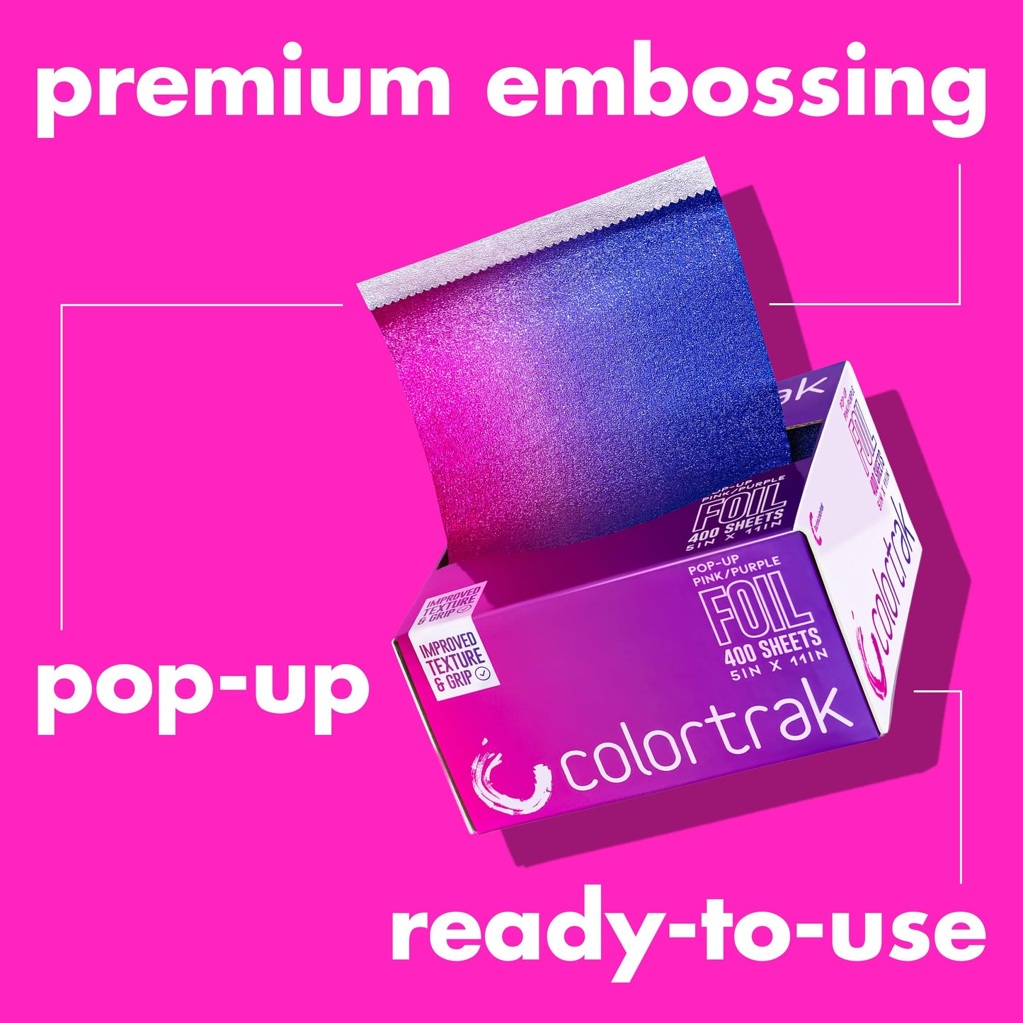 Colortrak Pink/Purple Gradient Pop-up Foil w/Dispenser (400 Count), Pre-cut Sheets, Non-Slip Embossed Texture, 5" x 10.75" Sheets for Hair Foil