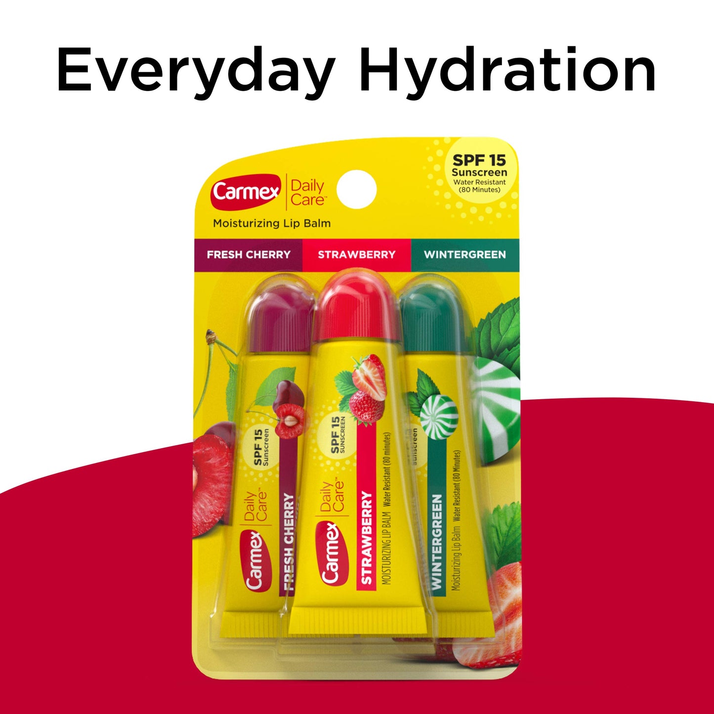 Carmex Daily Care Moisturizing Lip Balm Tubes with SPF, Fresh Cherry, Strawberry and Wintergreen Lip Balm Pack, 0.35 OZ - (6 Packs of 3)