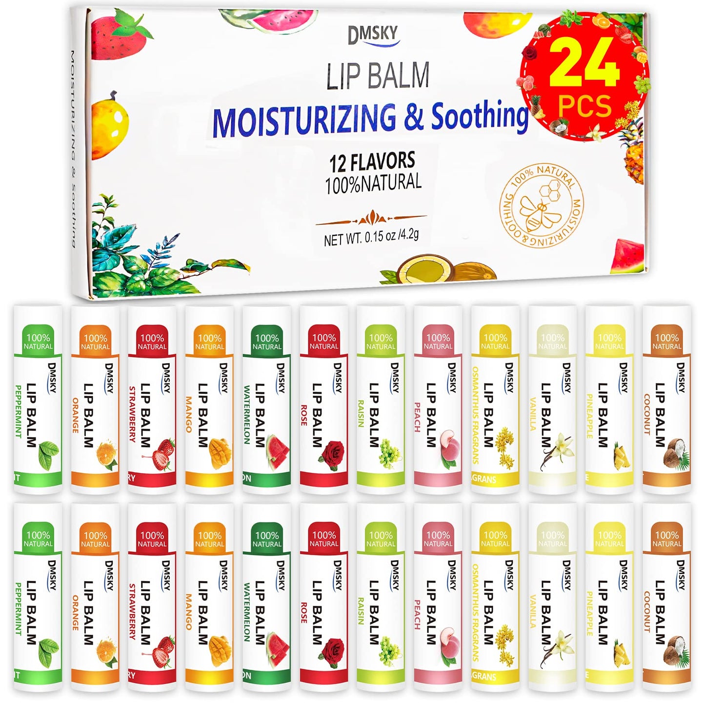 DMSKY 24 Pack Lip Balm Bulk, Moisturizing with Coconut Oil & Vitamin E for Dry Cracked Lips, Natural Lip Care Party Favors for Kids & Adults-12 Beauty and Personal Care Dmsky